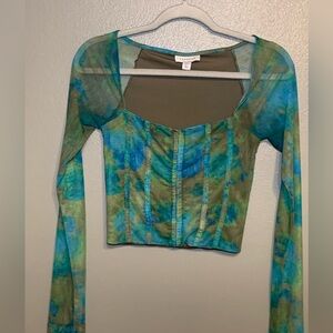 Topshop XS Sheer Corset Crop Top Blue Green Floral Y2K Inspo Fairy Grunge Fitted